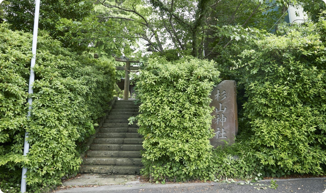 [写真] 緑に囲まれた階段と石碑のある入口