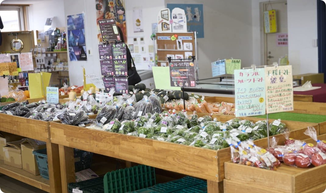 [写真] 直売所の棚に、袋詰めされた新鮮なナスやピーマンなどの野菜が並んでいる様子